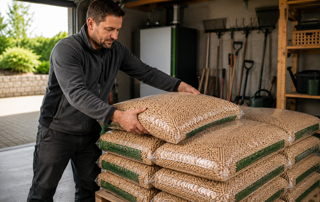 Holzpellets auf Palette gelagert in Garage