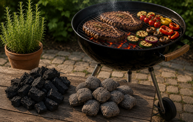 Grillkohle und Grillbriketts auf einem Holztisch vor einem Kugelgrill mit Grillgut und sichtbarer Glut