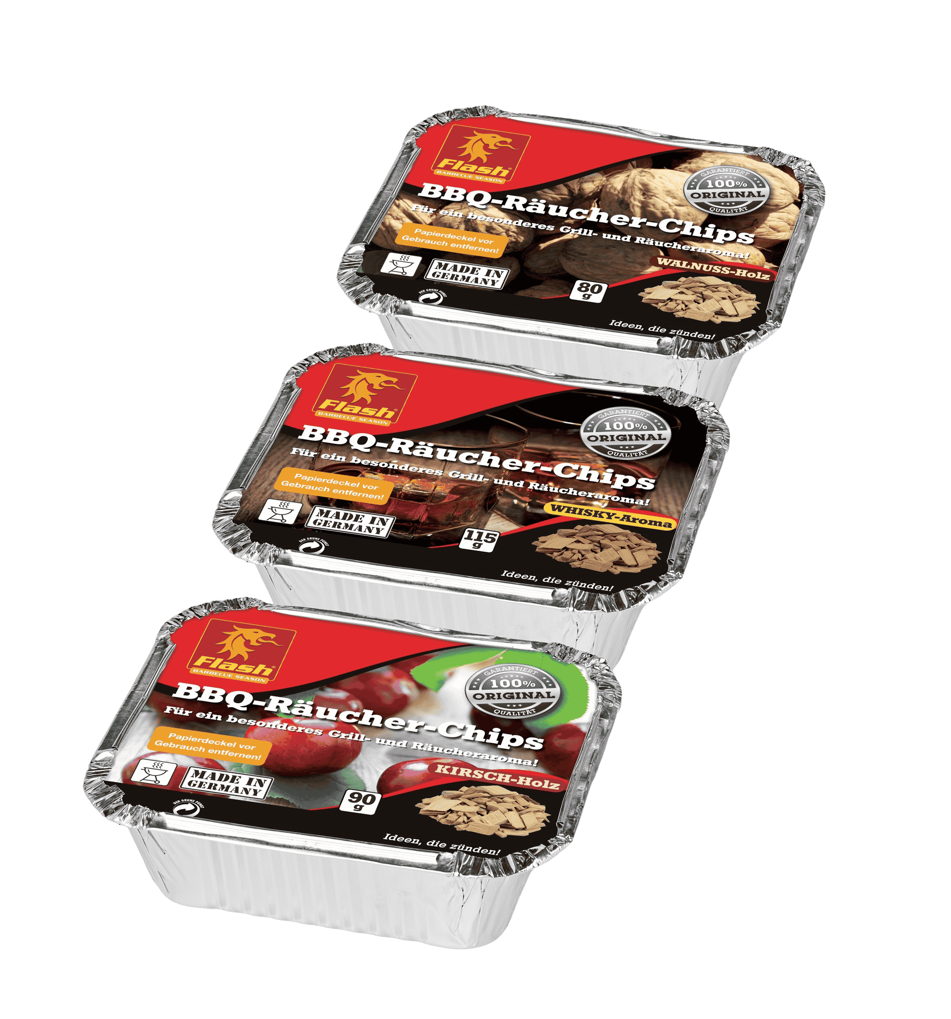 FLASH Räucher-Chips Probierpack Whisky – Kirsche – Walnuss FLASH Räucher-Chips Probierpack Whisky – Kirsche – Walnuss