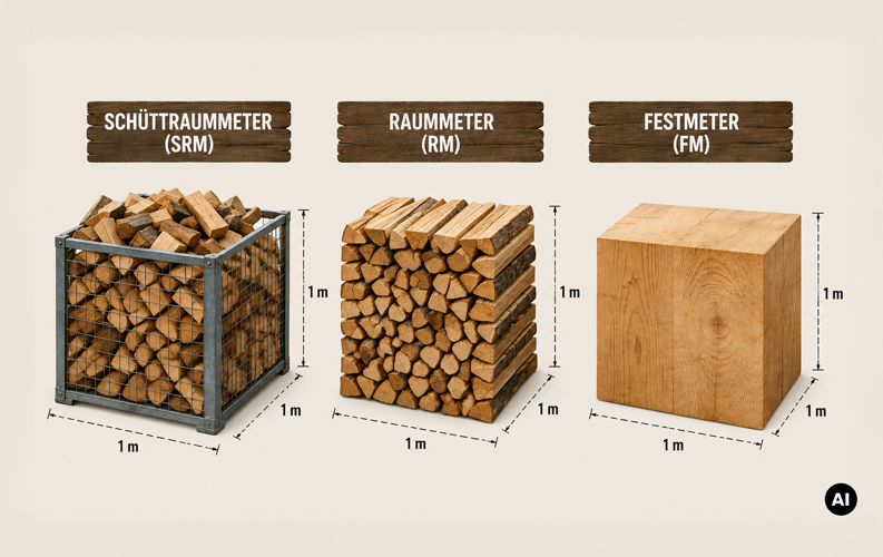 Schüttraummeter, Raummeter und Festmeter Holz im direkten Vergleich