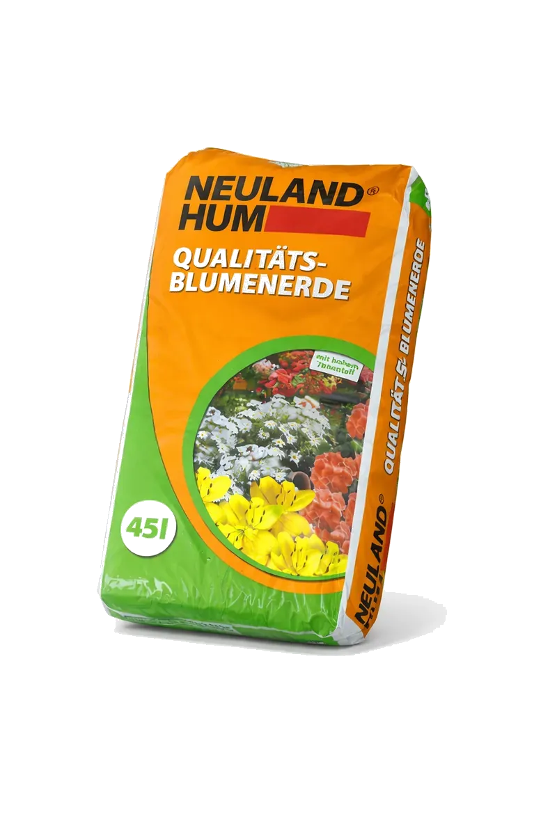 NeulandHum Premium Blumenerde - 45l Palette mit 51 Sack 2.295l NeulandHum Qualitäts-Blumenerde 45 Liter Sack freigestellt