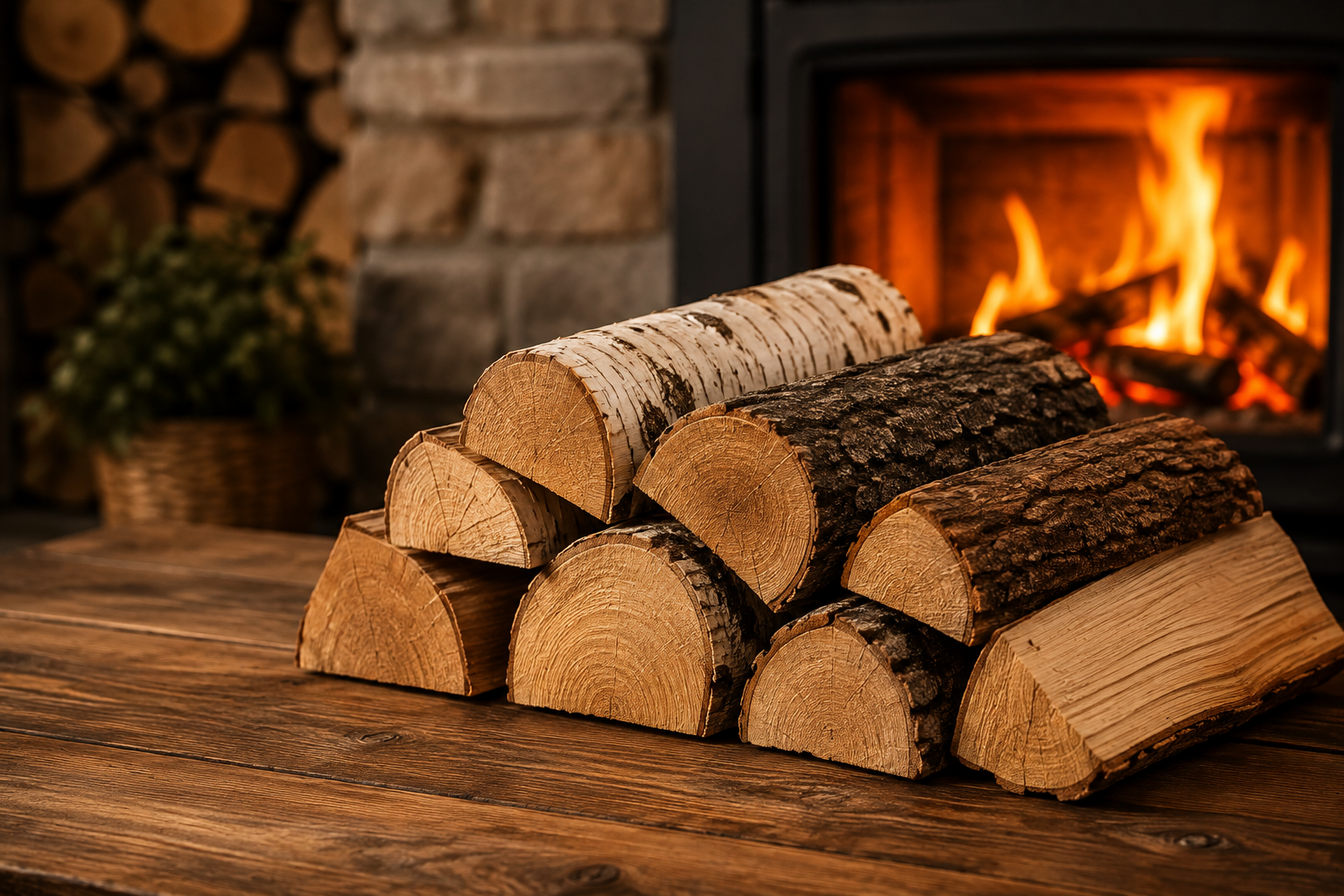 Brennwerte und Heizwerte der verschiedenen Holzarten Brennholz aus Buche, Birke und Eiche für Kamin und Holzofen