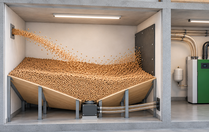Pelletbunker: Größe, Planung und sichere Lagerung von Holzpellets Pelletbunker mit Holzpellets für eine Pelletheizung